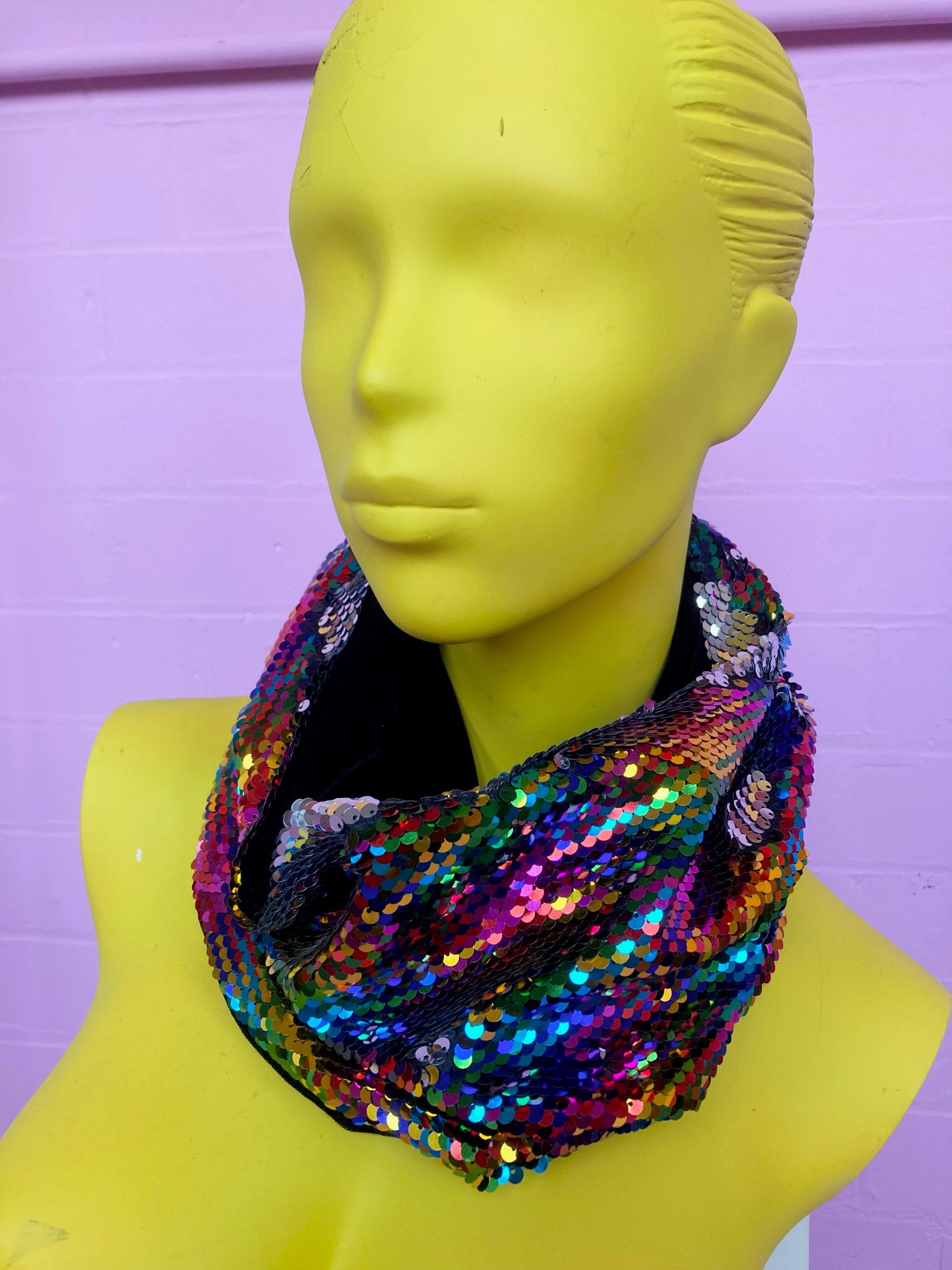 Sequin Embellished Velvet Cowl in Rainbow and Silver